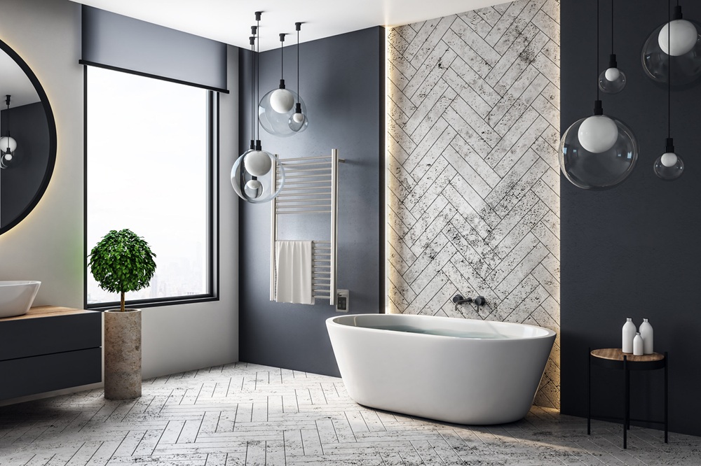 Luxury bathroom with Amba Antus wall mount towel warmer